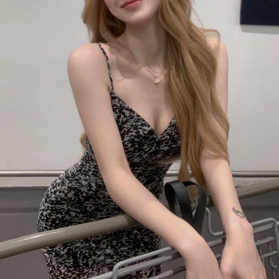 Retro Chiffon Slit V-Neck Floral Dress