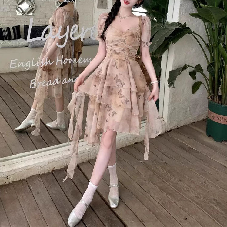 French Irregular Butterfly Print Ruffle Dress