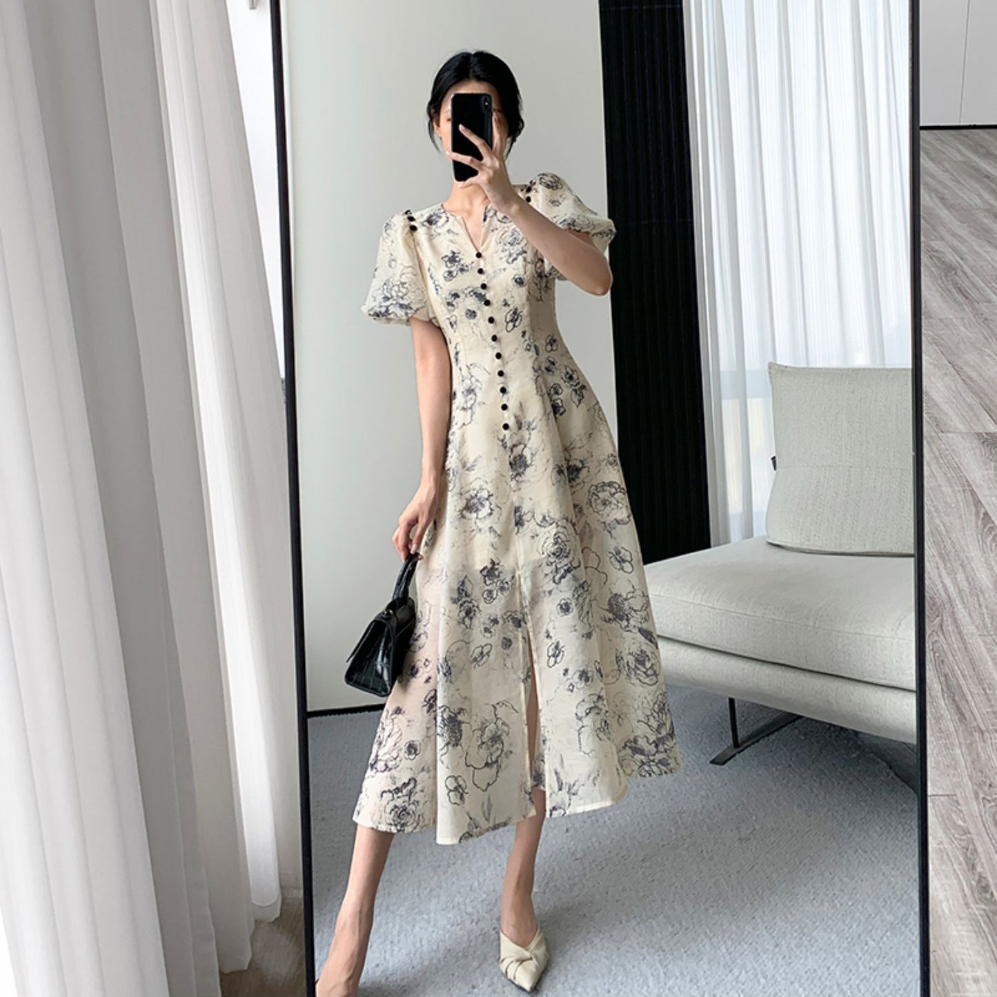 French Retro Chiffon Floral Dress