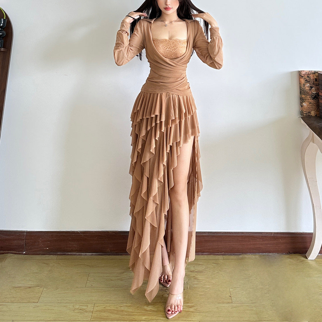 Solid Color Square Neck Long Sleeve Top Sexy Temperament Irregular Slit Skirt Suit