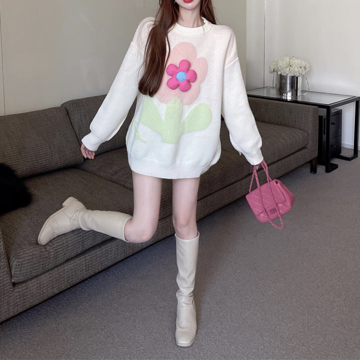 Fashionable Loose Round Neck Pullover Floral Long-Sleeved Knitted Sweater