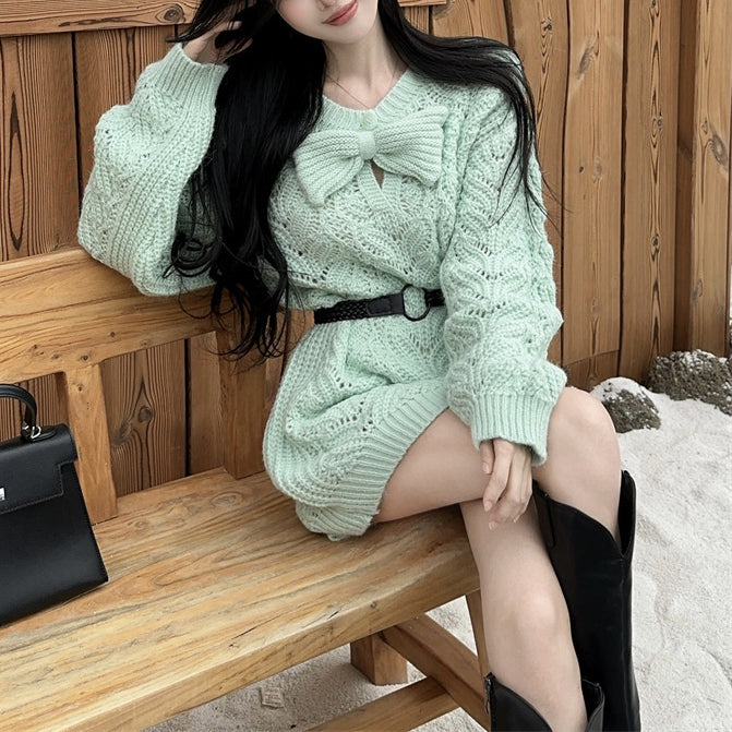 Lazy Style Sweet And Sexy Bow Knitted Sweater Dress