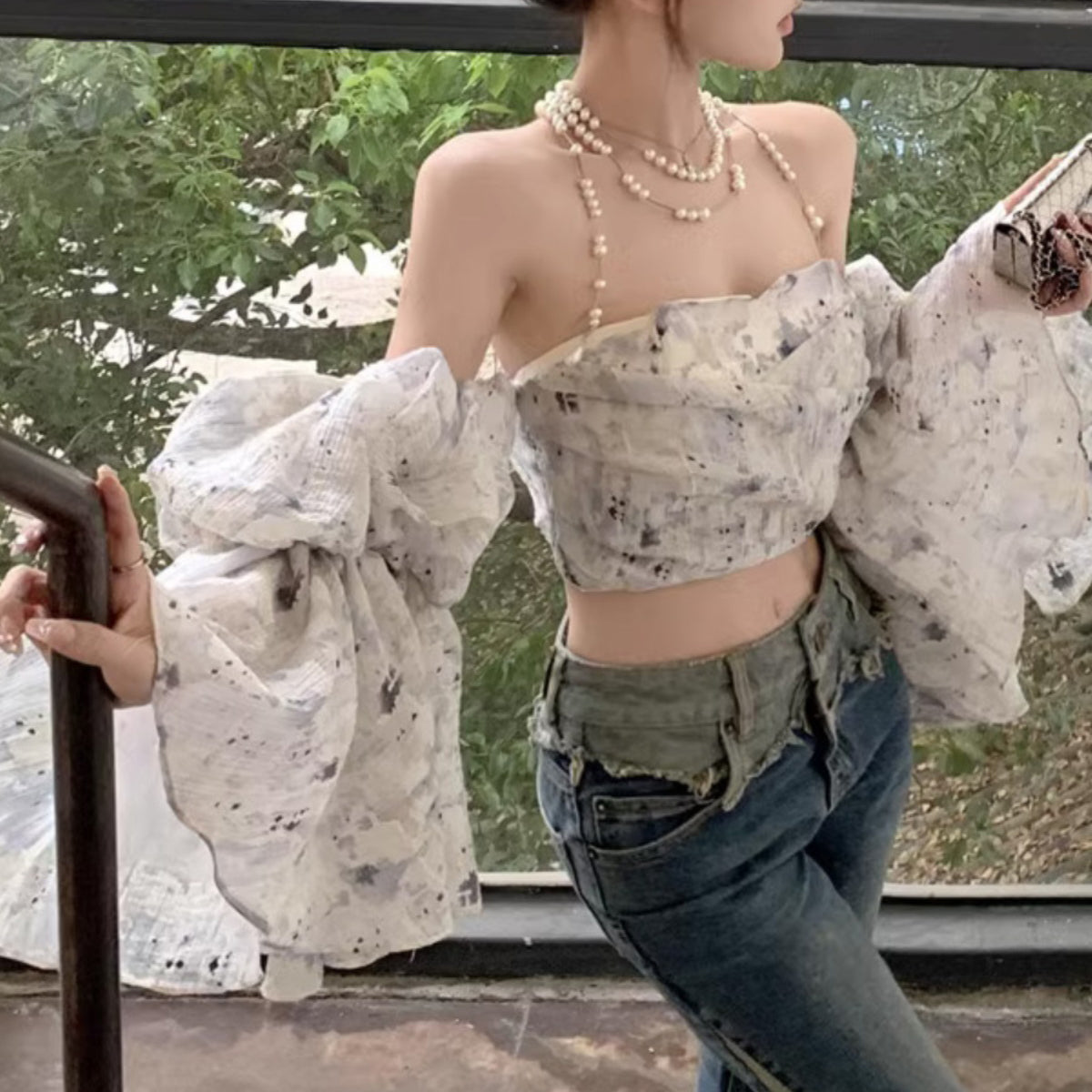 French Floral Puff Sleeve Sexy Shirt