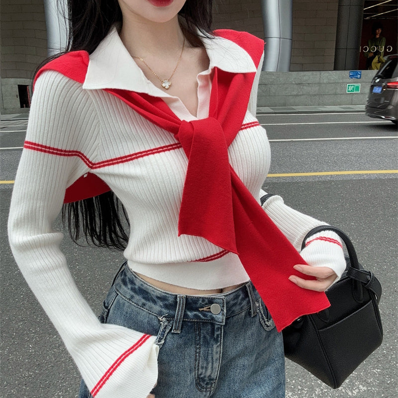 Niche Sexy Contrast Color Lapel Sweater Top