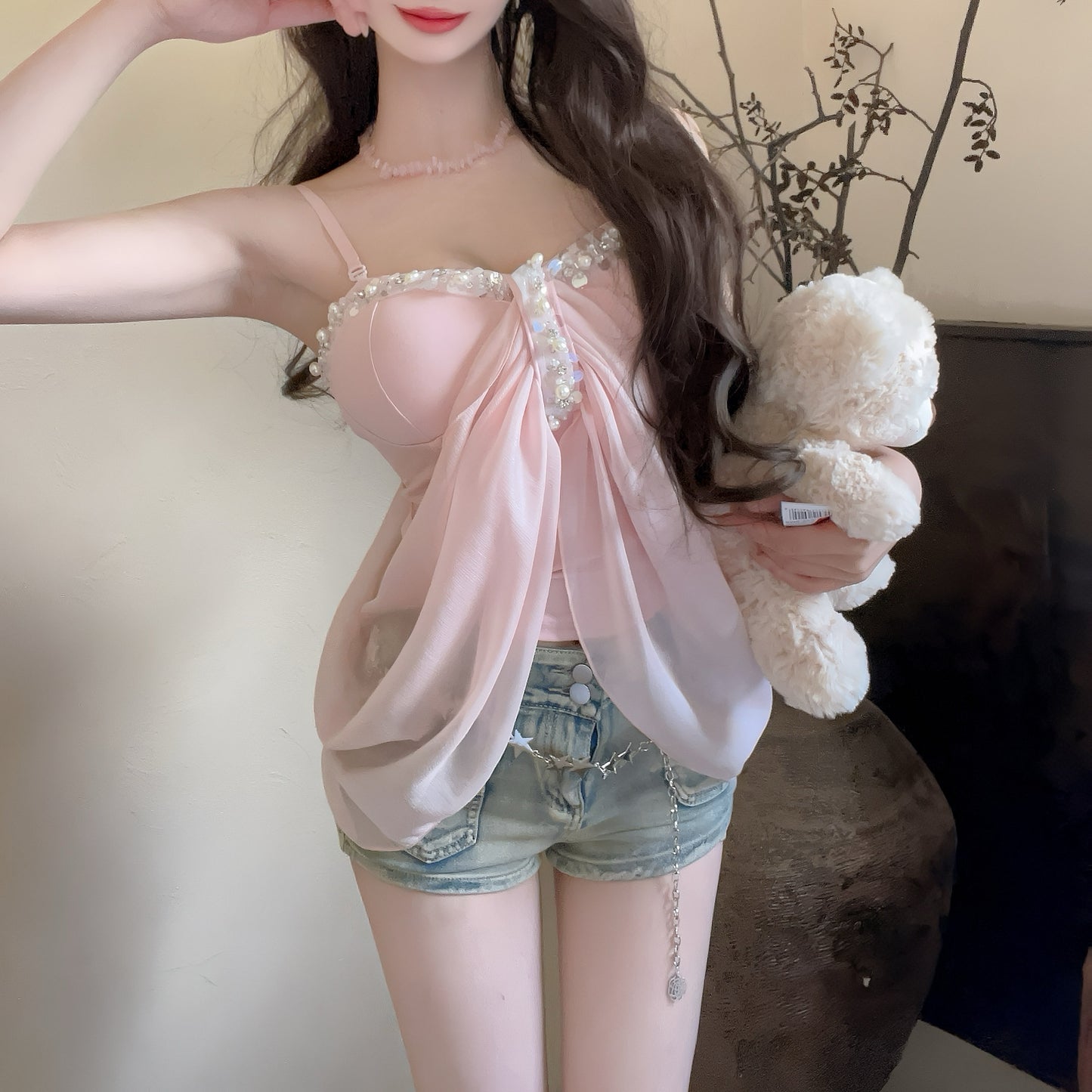 Pearl Edge Mesh Lining Spliced Top