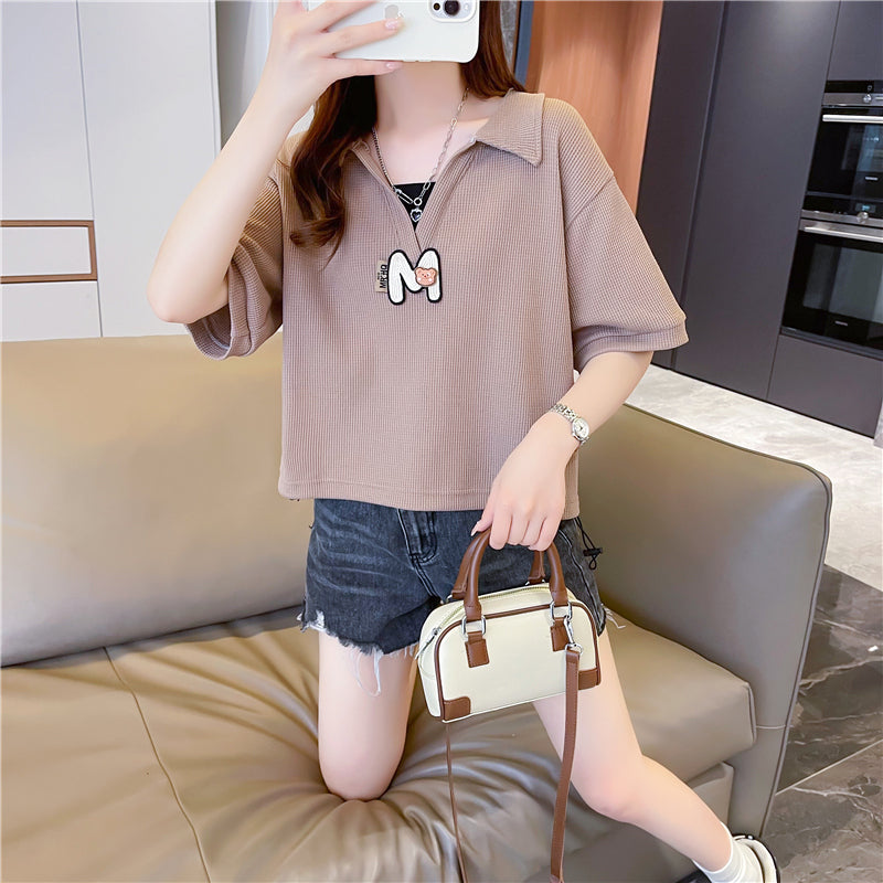Loose Oversized Polo Neck Short-Sleeved Top