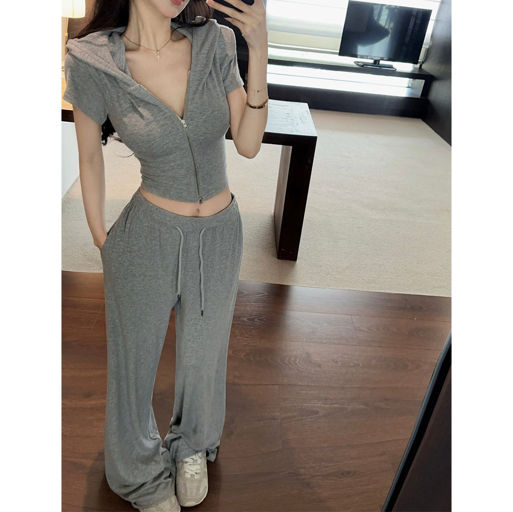 Casual And Stylish Hooded Double-Zip Short-Sleeved T-Shirt And Loose Wide-Leg Trousers Set