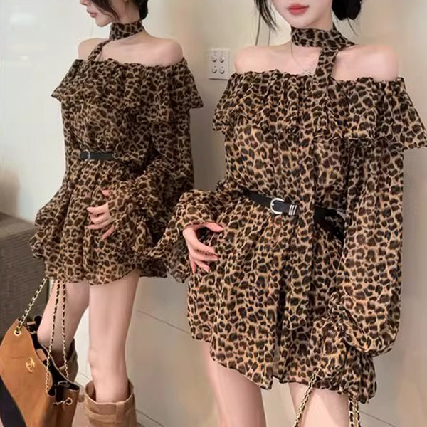 Retro Sexy Leopard Print Off-Shoulder T-Shirt With Belt