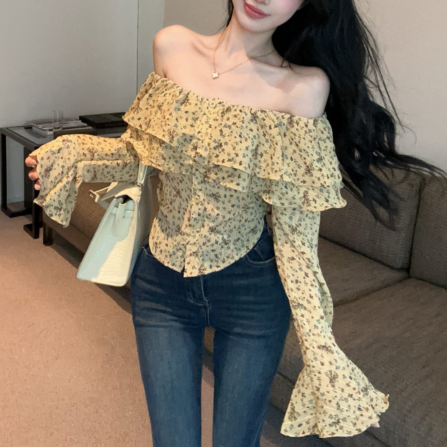 Ruffled Off-The-Shoulder Floral T-Shirt