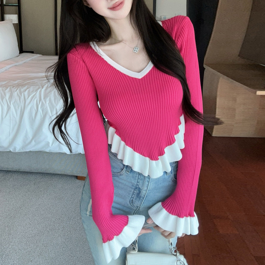 Ruffle Contrast Color Fashionable Sexy Irregular Long-Sleeved Knitted T-Shirt