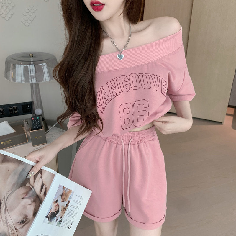 Athleisure-Style Off-Shoulder Printed T-Shirt And Shorts Set