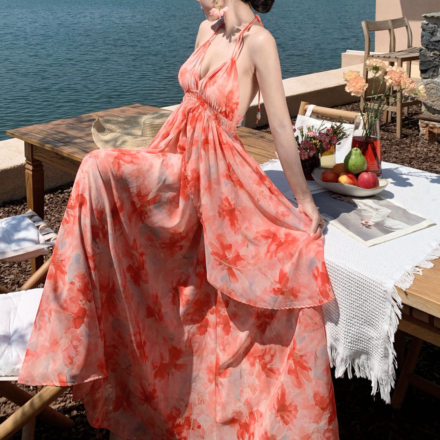 Spaghetti Strap V-Neck Backless Vacation Dress