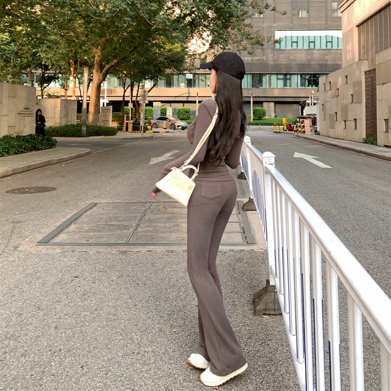 Sexy Double-Zipper Design Top And Wide-Leg Pants Set