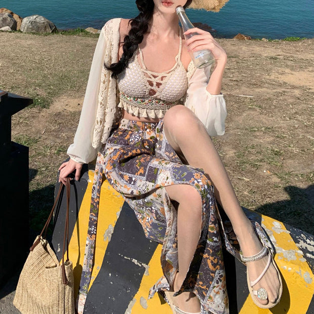 Ethnic-Style Printed Wide-Leg Pants Skirt Vest Set
