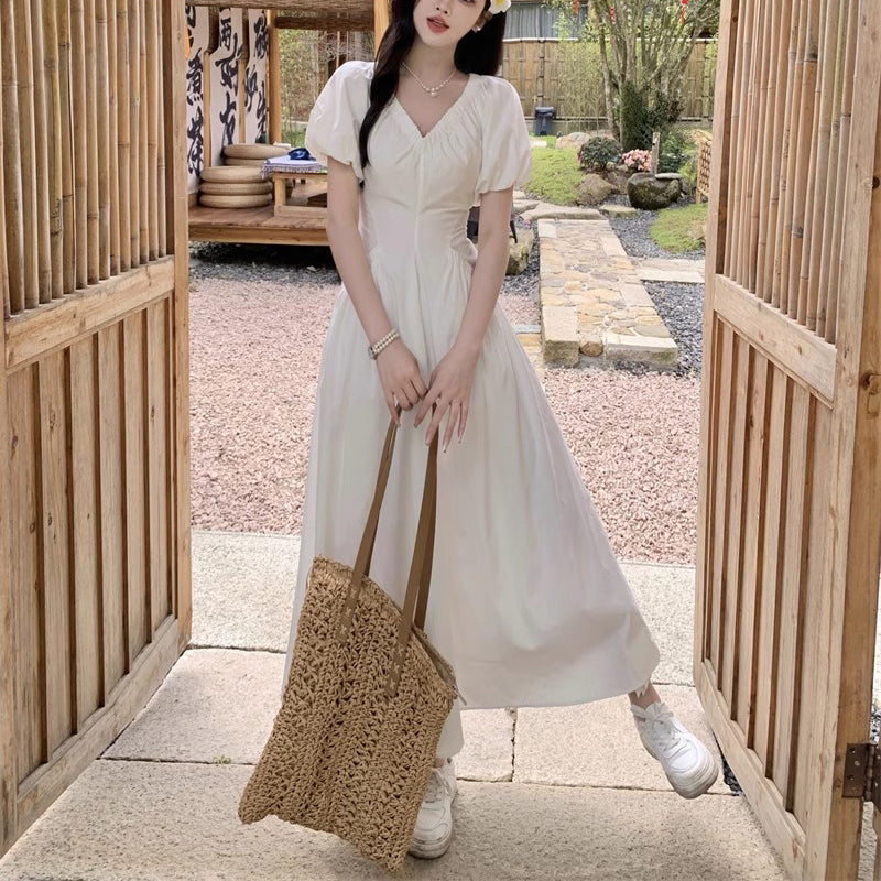 French Style White V-Neck Puff Sleeve Dress