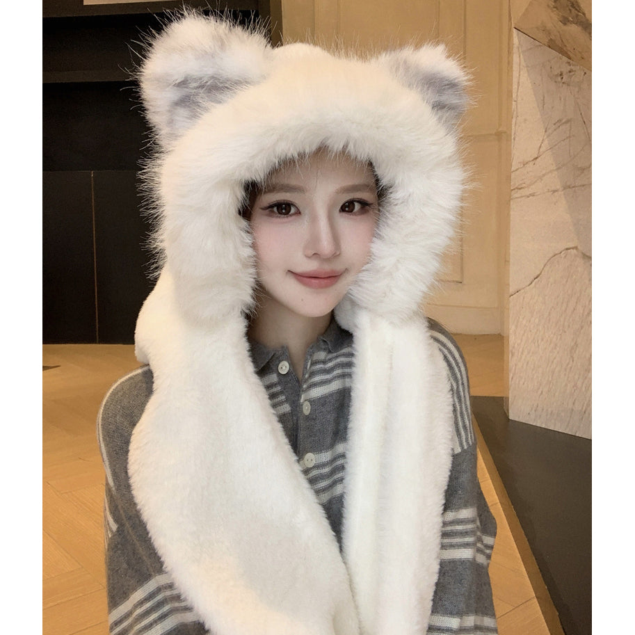 Cute Fox Windproof Winter Scarf Gloves Integrated Warm Plush Three-Piece Set