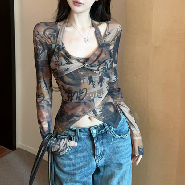 Halter Neck Irregular Fashion Sexy Print Long-Sleeved T-Shirt