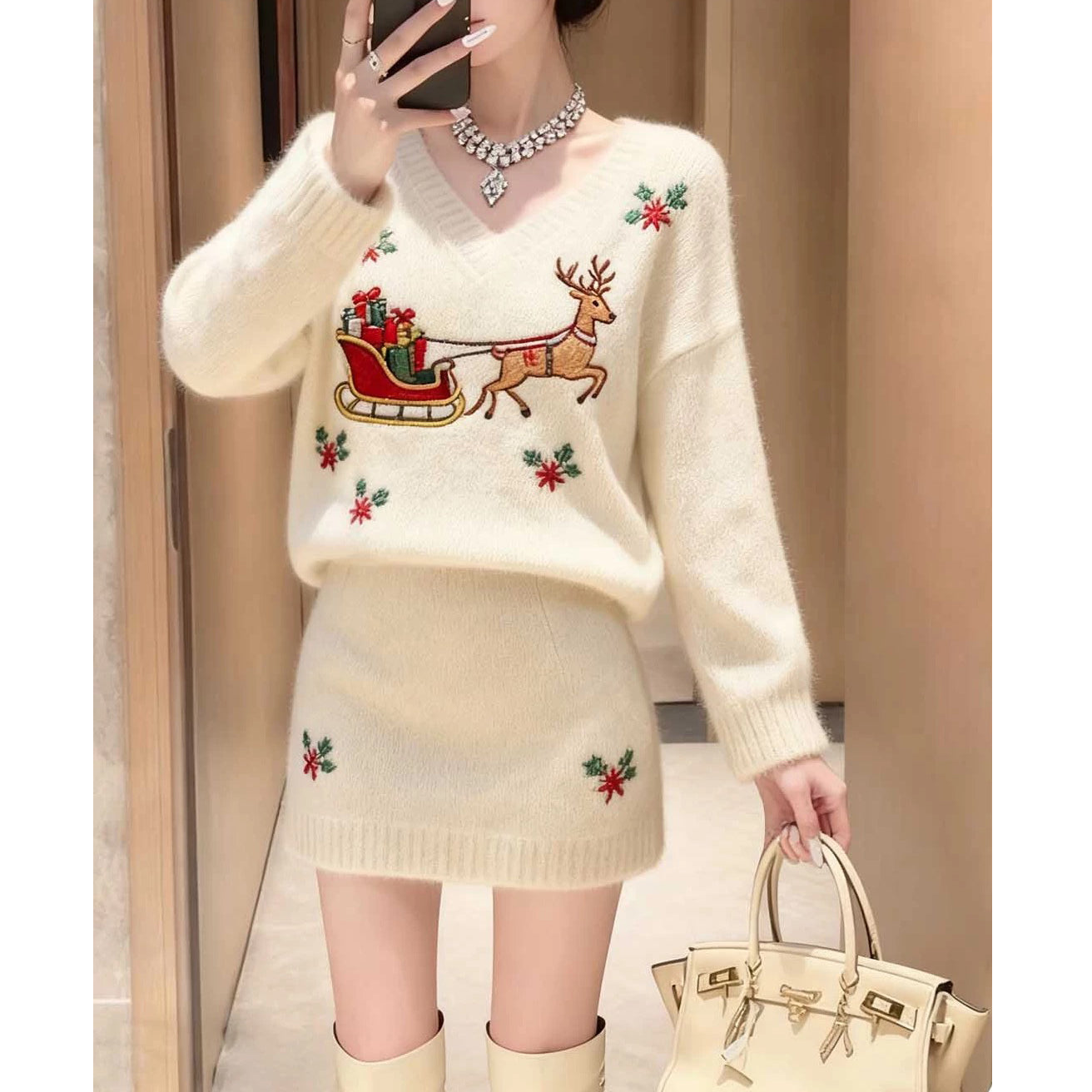 Stylish Reindeer Knit Top And Skirt Two-Piece Set