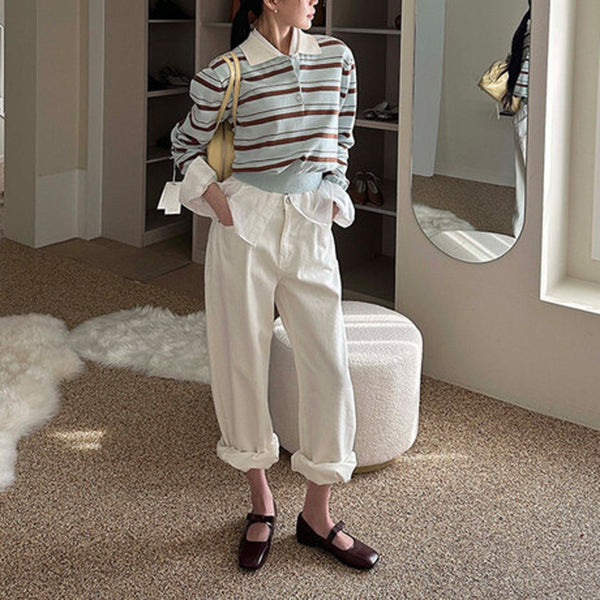 Stylish Color-Blocked Collared Loose Striped Long-Sleeved Knit Sweater