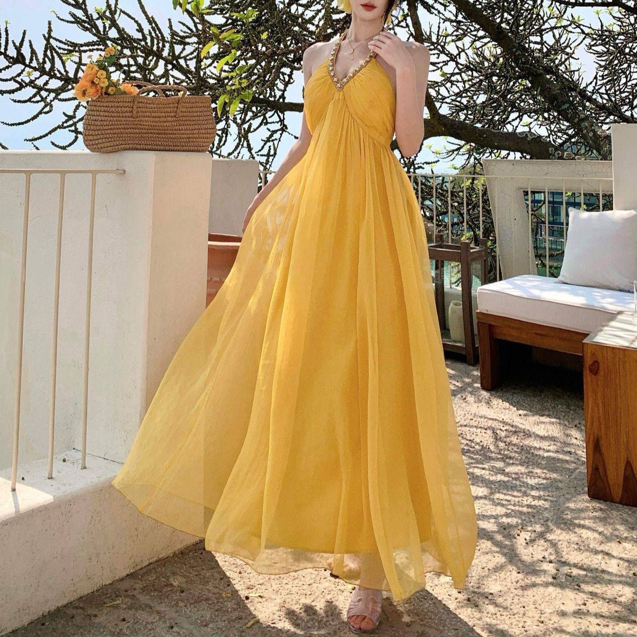 Yellow V-Neck Chiffon Vacation Dress