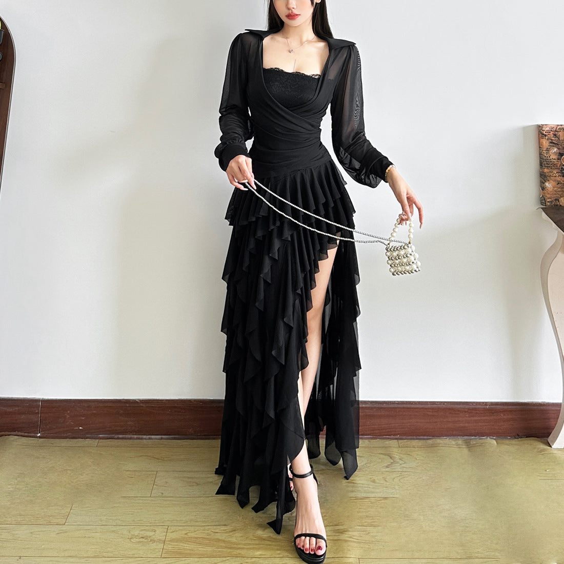 Sexy French Irregular Square Neck Long Top High Waist Slit Skirt Set