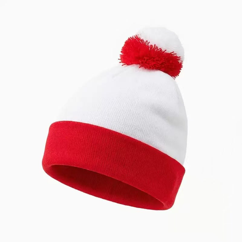 Christmas Red and Green Color-Block Pom-Pom Knit Hat