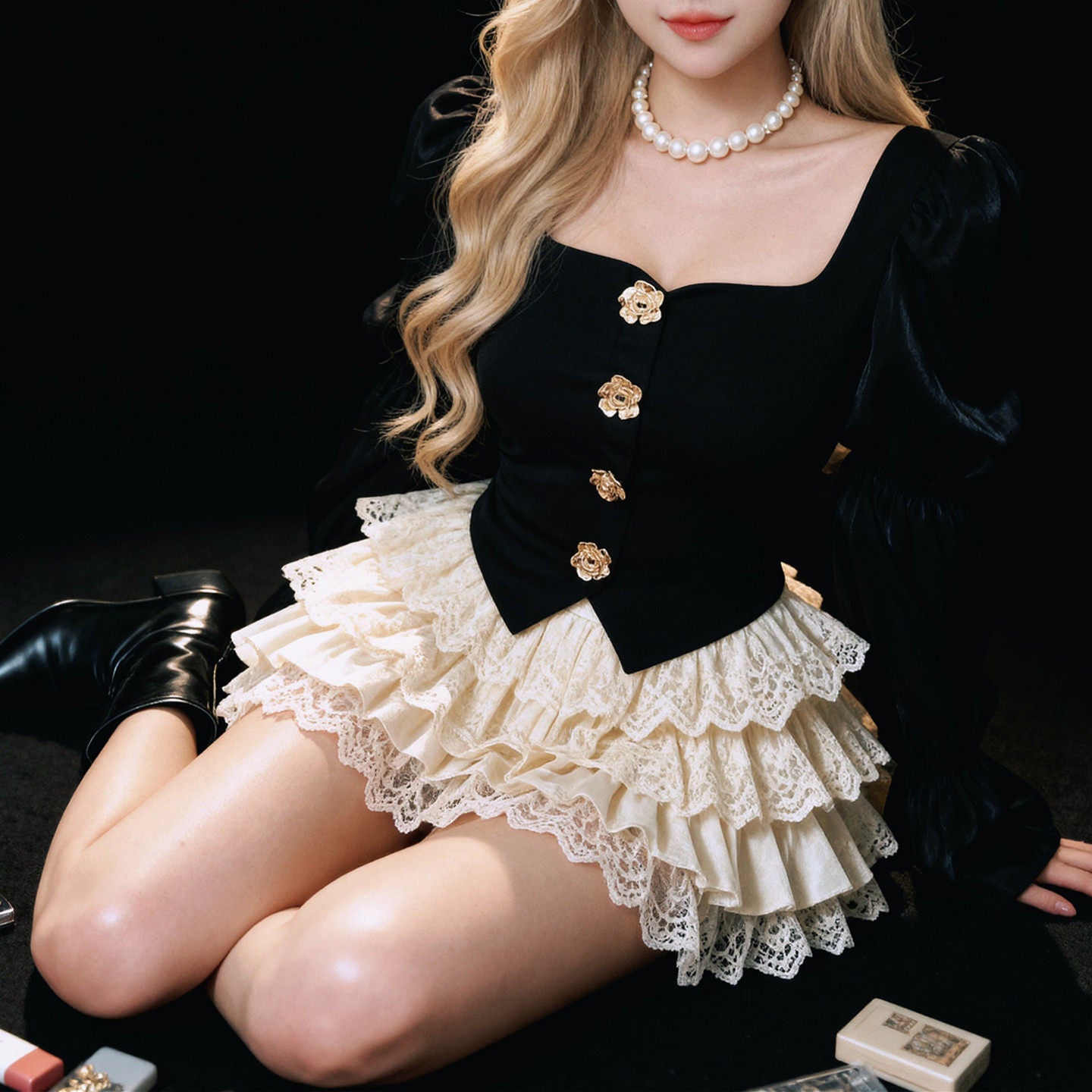 French Retro Lantern Sleeve Black Shirt