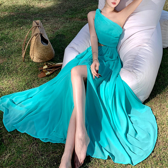 French Style Waist-Baring Off-Shoulder Slit Dress