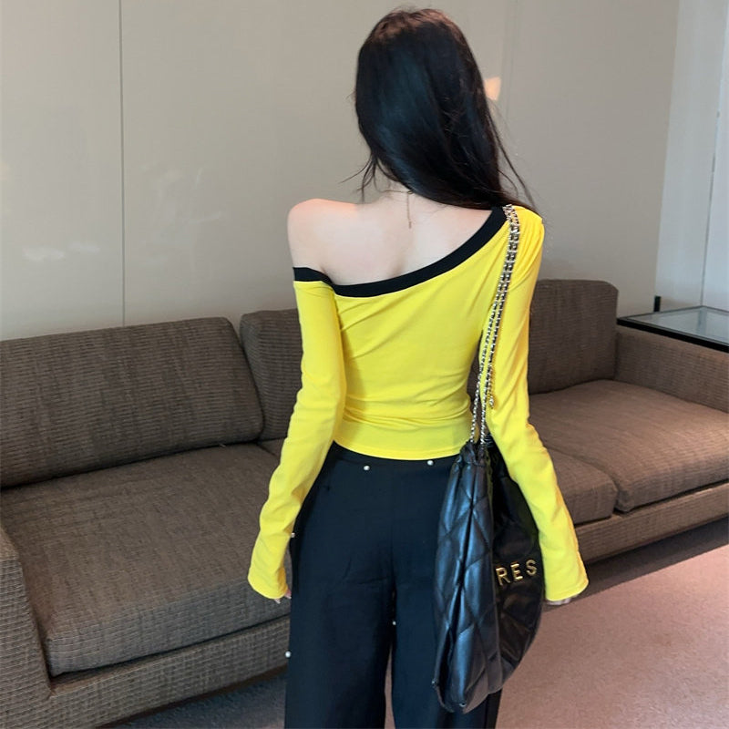 Sexy Color-Block One-Shoulder Long-Sleeve T-Shirt