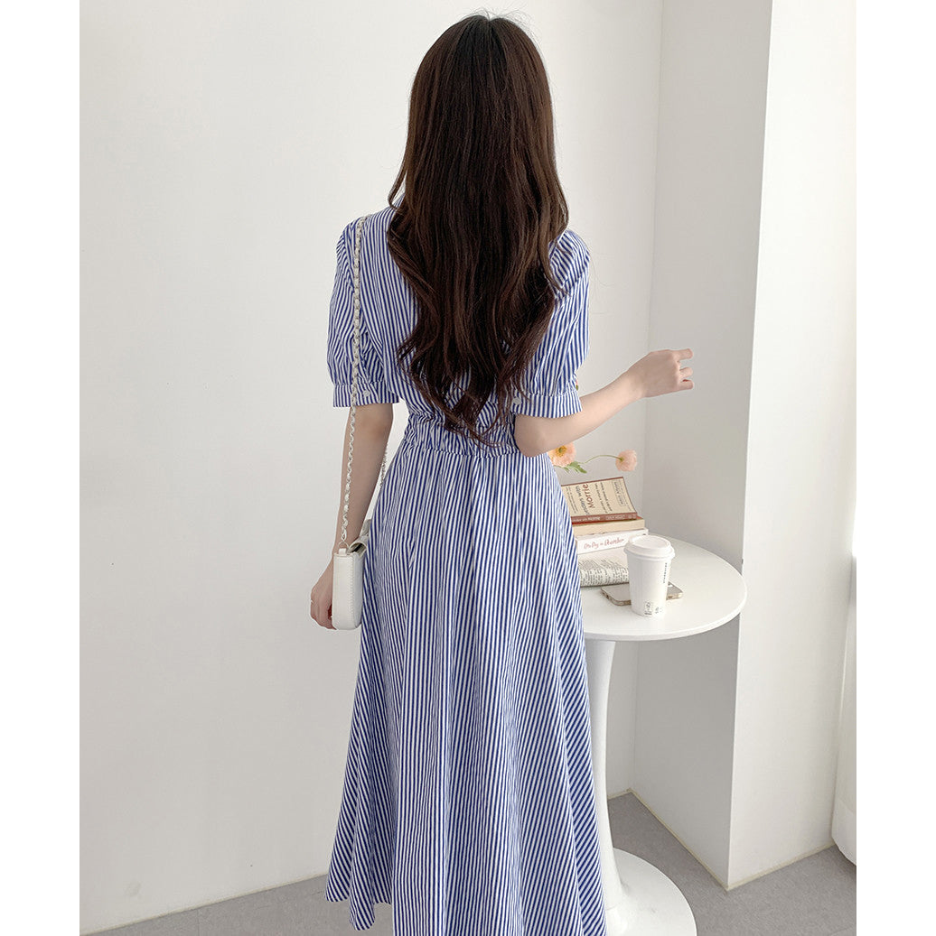 Elegant Collared Waist-Cinching Puff Sleeve Dress