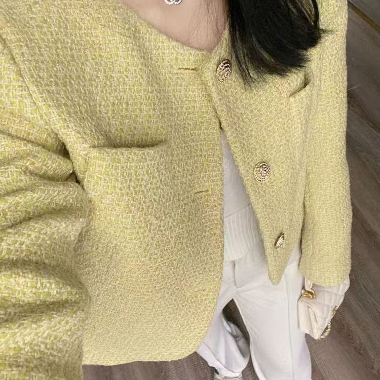 Stylish And Casual Yellow Tweed Suit Jacket