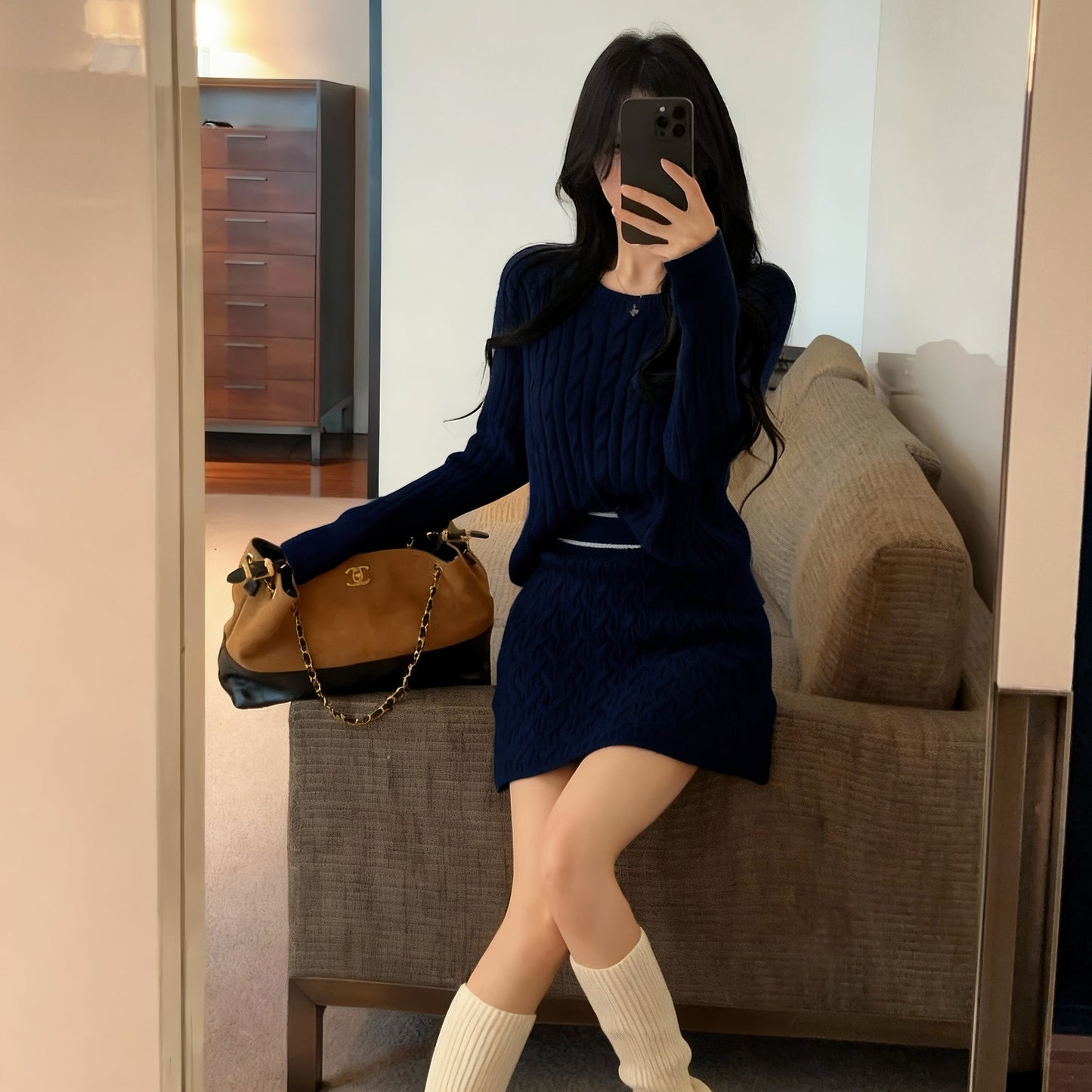 Retro Sexy Round Neck Cable Knit Top High Waist Miniskirt Set