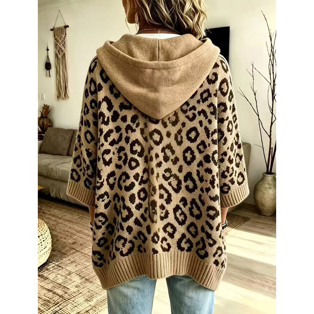 Leopard Print Hooded Drawstring Knit Pullover Sweater
