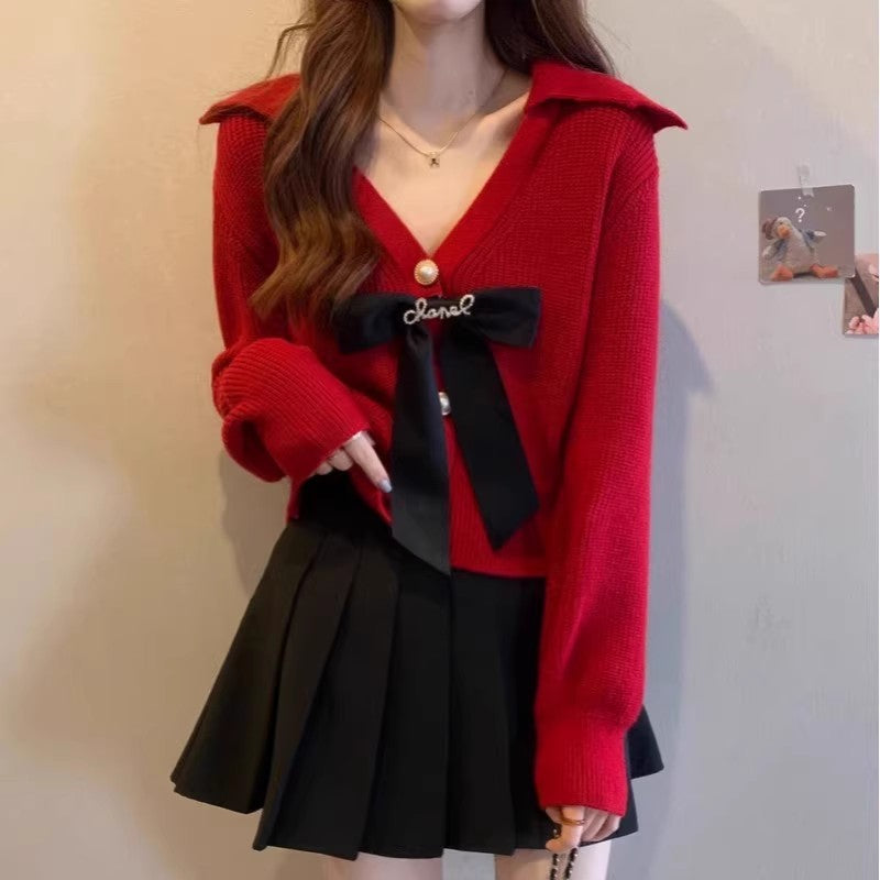 Niche Style Bow-Tie V-Neck Short Knit Cardigan