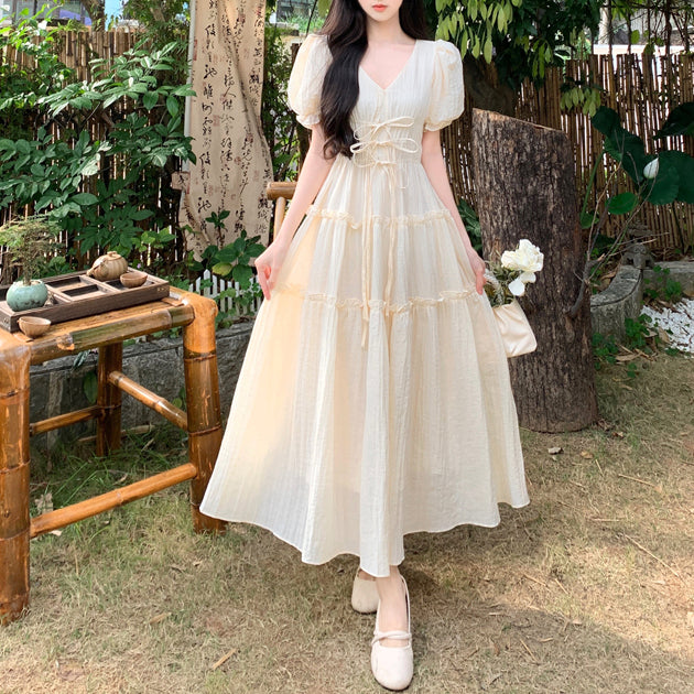 French V-Neck Puff Sleeve Plus Size Waist Dress