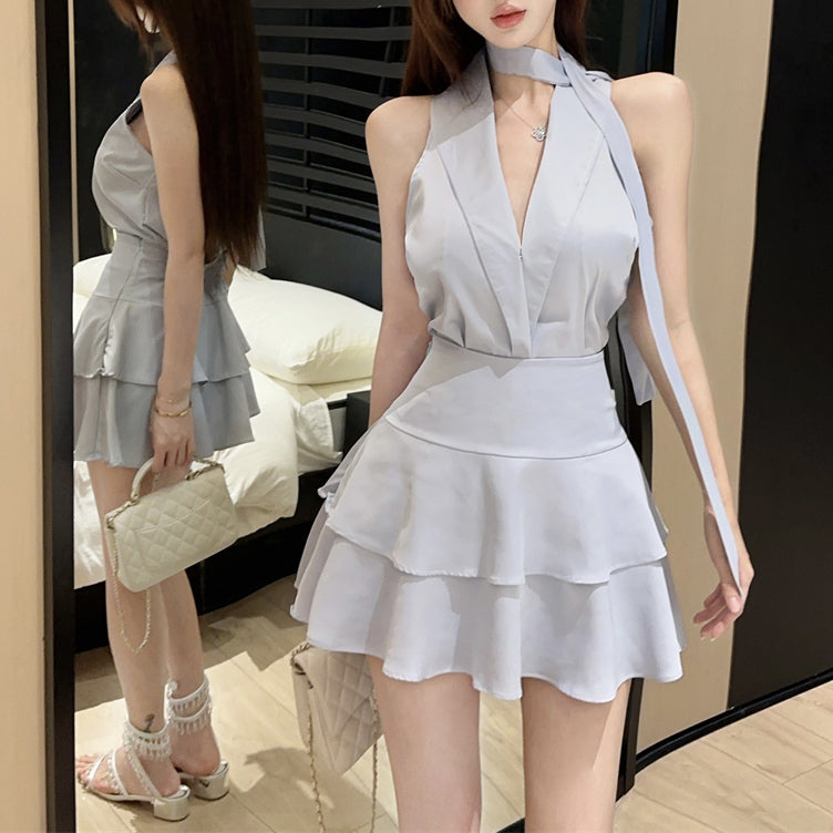 Halter Neck Ribbon V-Neck Off-Shoulder Sleeveless Top High-Waisted Slimming Cake Skirt Two-Piece Set