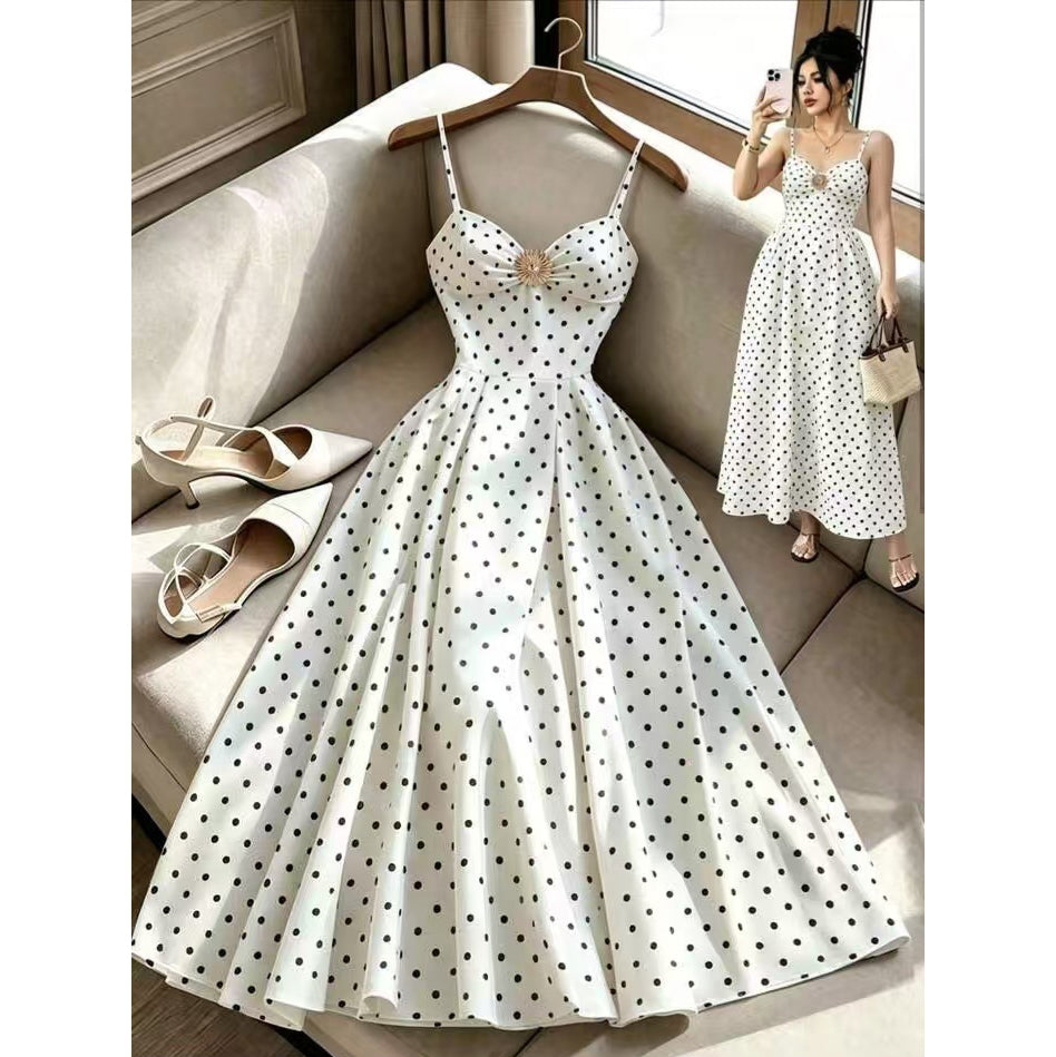 Hepburn-Style Sleeveless Polka-Dot Print Camisole Dress
