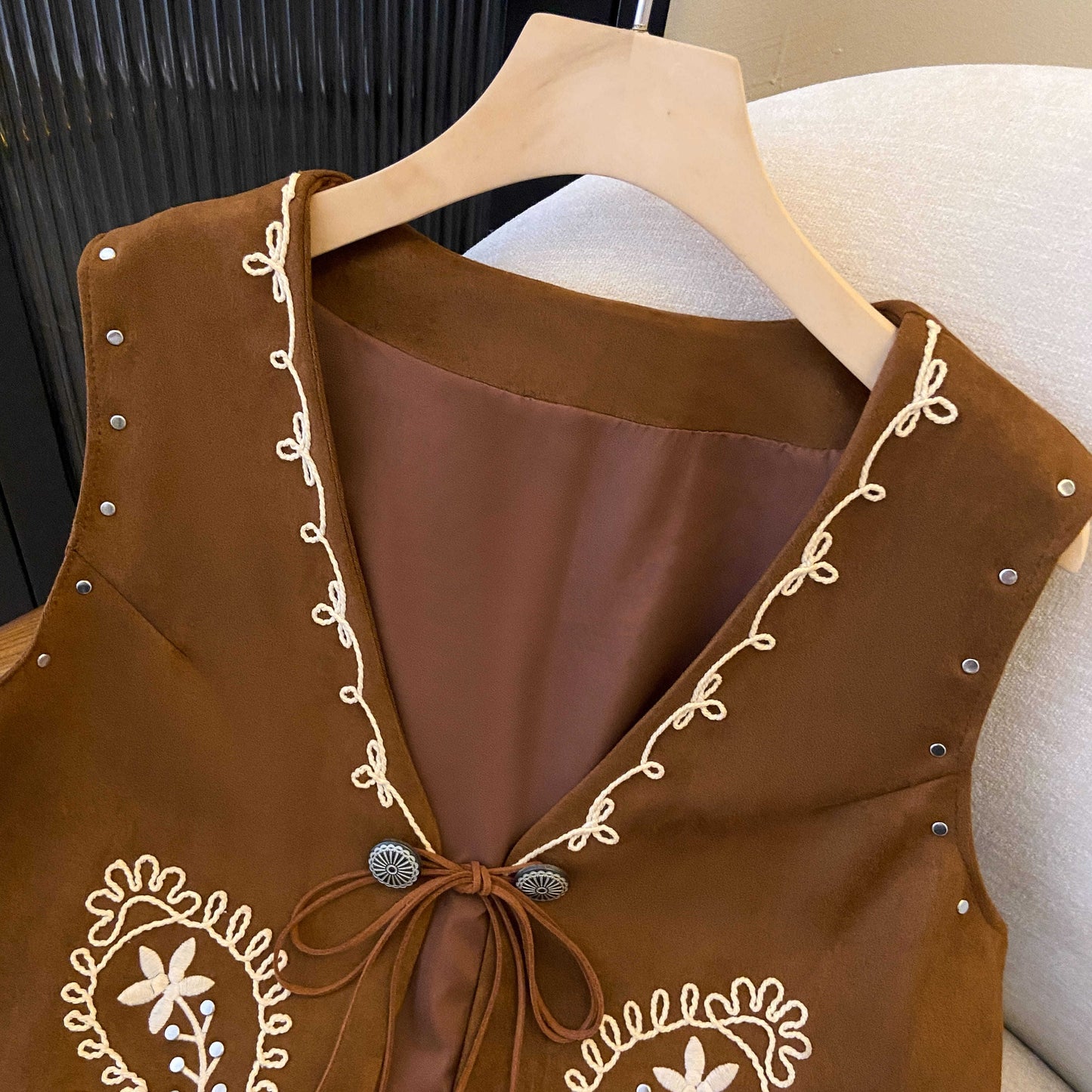 Heavy-Duty Embroidered Studded Cardigan Vest