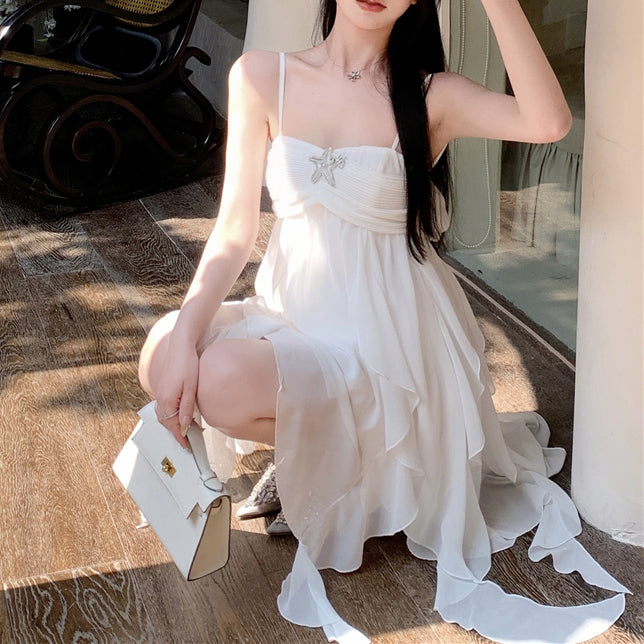 Sweet And Elegant Irregular Chiffon Suspender Dress