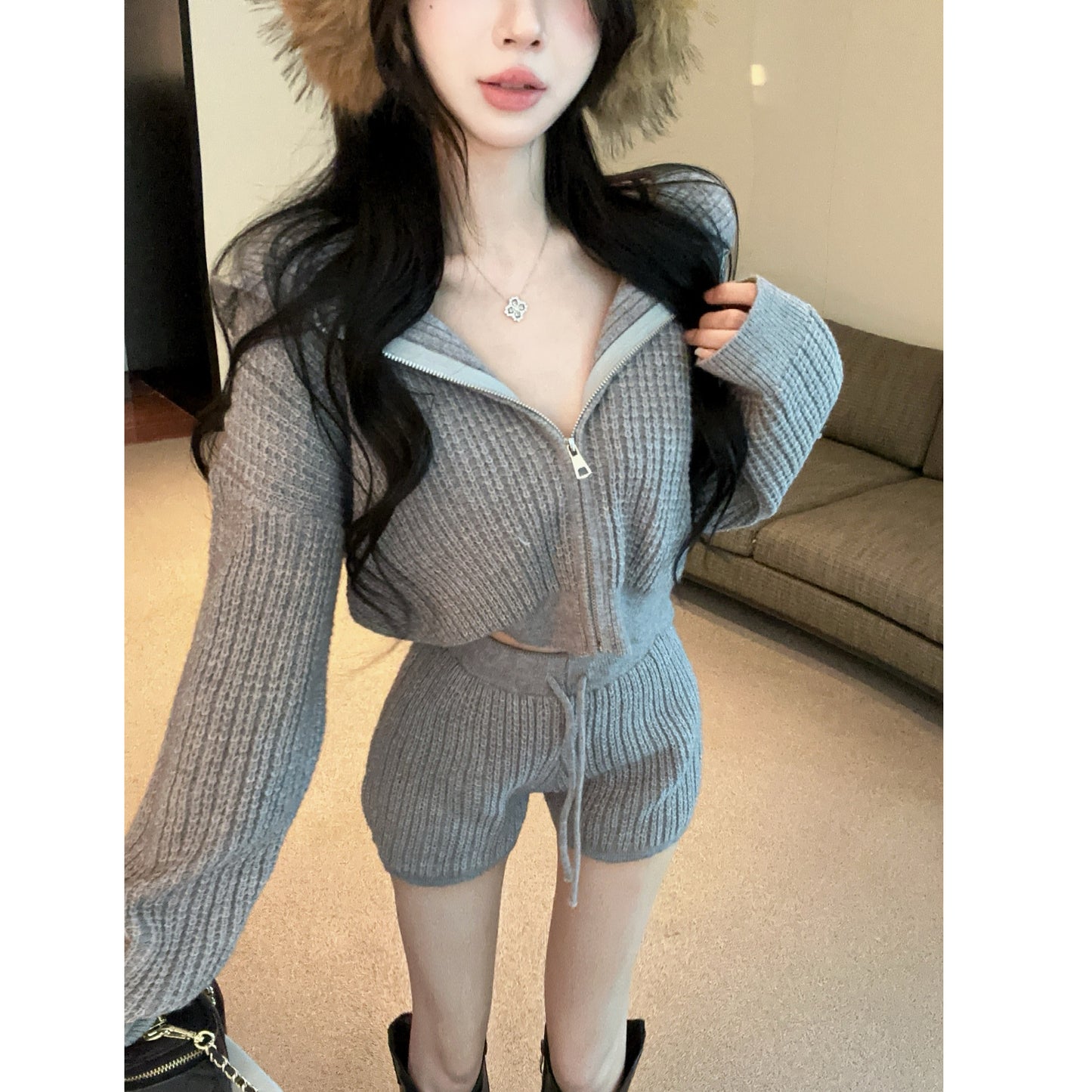 Casual Fashion Hooded Loose Long Sleeve Knitted Cardigan Sweater Drawstring Shorts Two-Piece Set