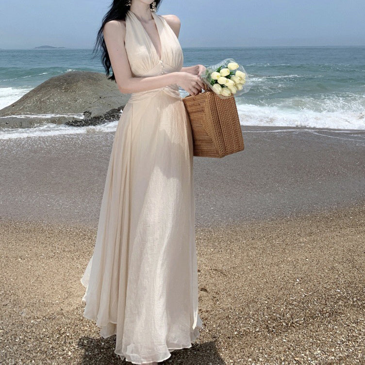 Sleeveless V-Neck Halter Neck Backless Holiday Dress