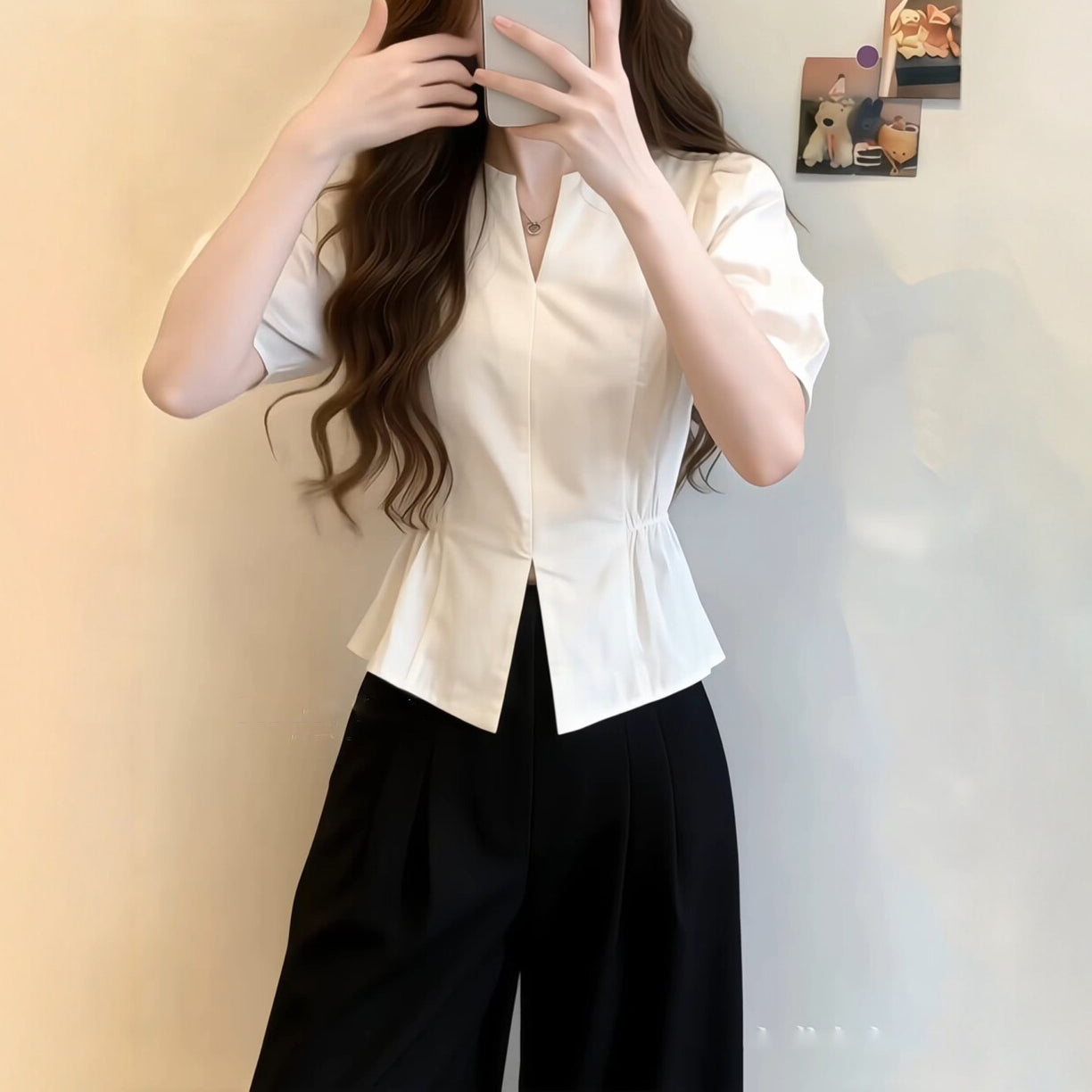 White Puff-Sleeve Short-Sleeve Shirt