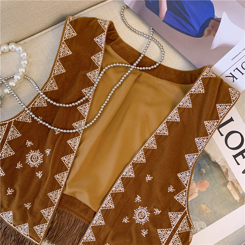 Bohemian Ethnic Style Western Cowboy Brown Velvet Embroidered Vest