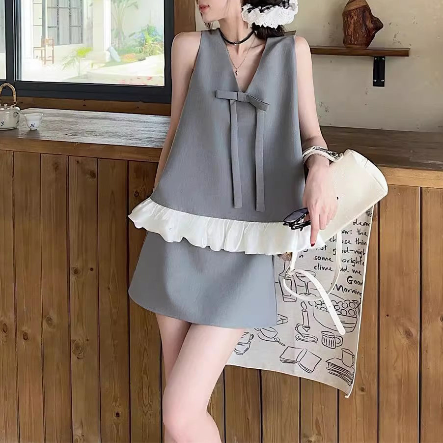 Bowknot Vest Summer High Waist Skirt Two Piece Suit