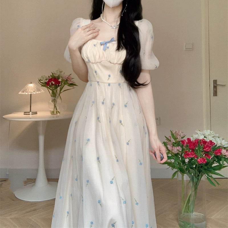 Sweet Square Neck Bowknot Floral Embroidery Puff Sleeve Dress