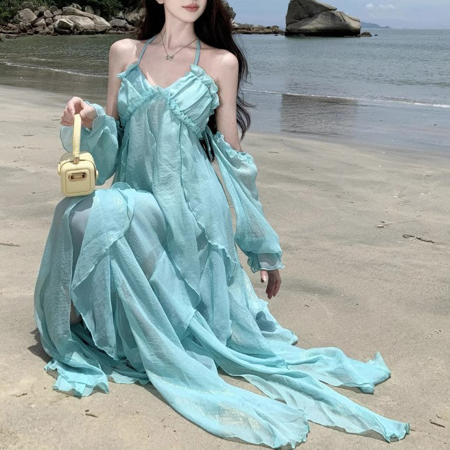 Irregular Halter Neck Holiday Dress