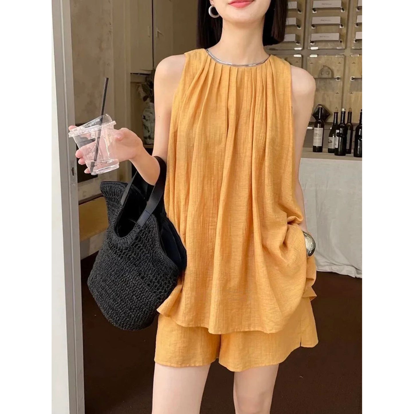 Sleeveless Cotton-Linen Top & Loose Shorts Two-Piece Set