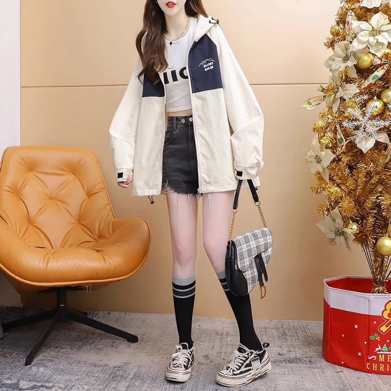 Stylish Color-Blocked Hooded Trench Coat