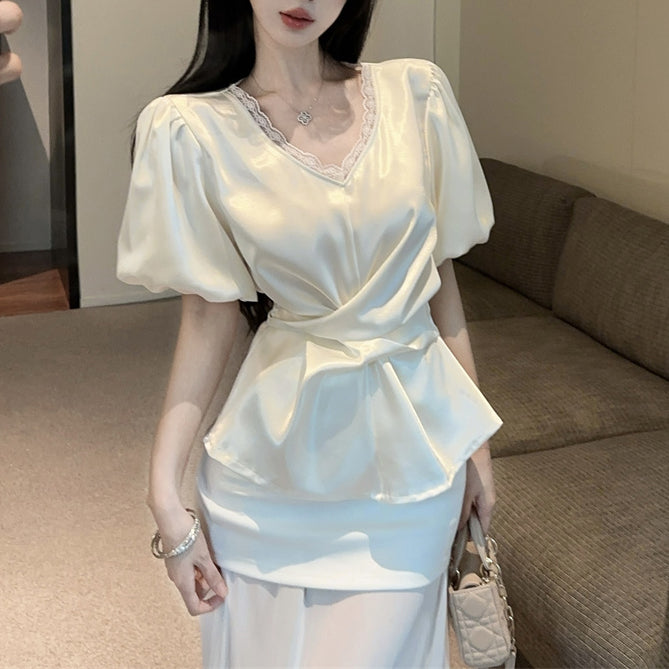 Puff Sleeve Lace Trim V-Neck Shirt