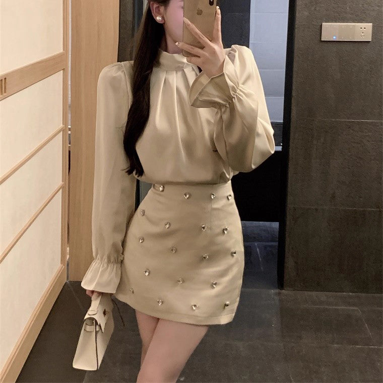 Puff Sleeve Satin Shirt Dress Two-Piece Set
